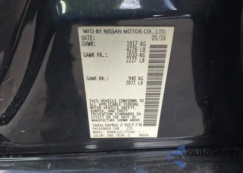 2016 Nissan Altima 2.5/2.5 S/2.5 Sl/2.5 Sr/2.5 Sv z USA, uszkodzony, nr VIN 1N4AL3AP8GC230778